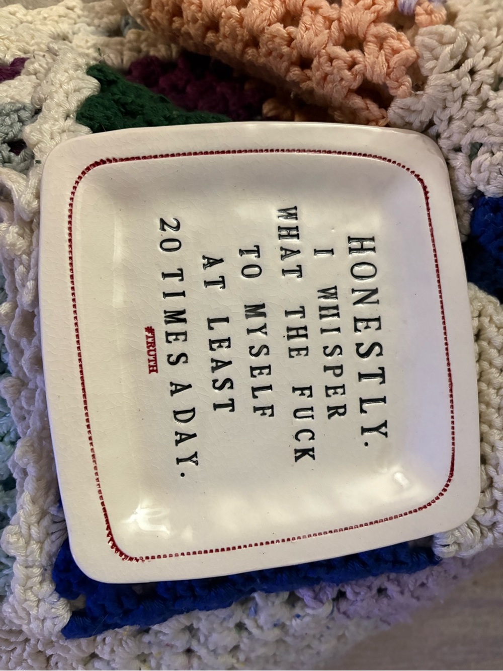 Ceramic Trinket Dish with Red Border and Humorous Quote